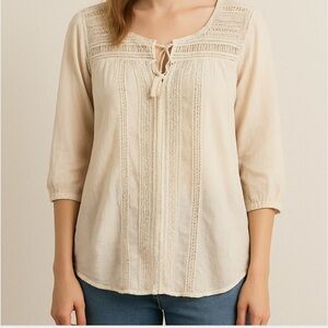 Johnny Was Lightweight Knit Embroidered Peasant Blouse in Ivory